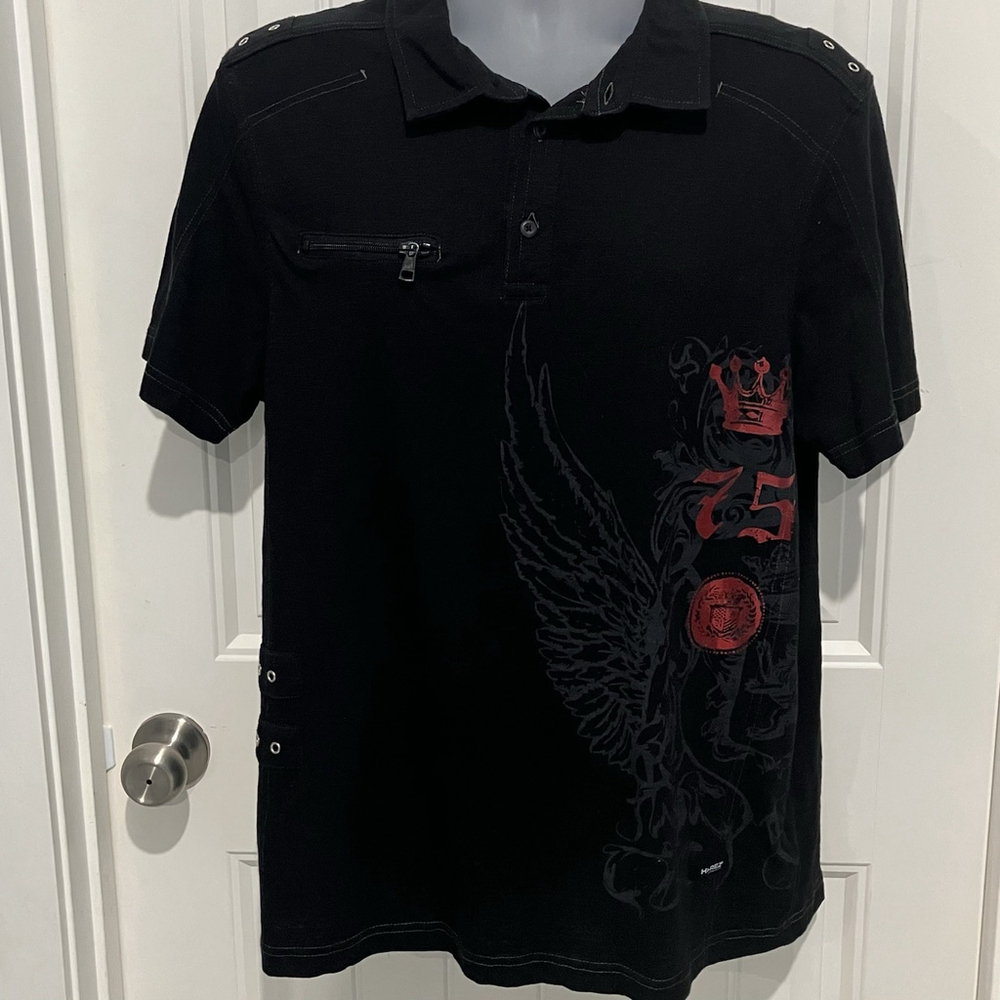 Hi-Renz Apparel Polo Shirt Mens Large Black Red Graphic Short Sleeve Cotton Top